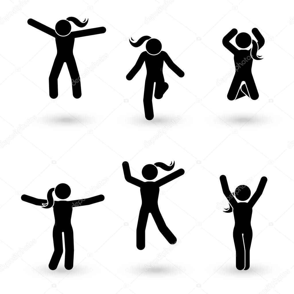 Stick figure happiness, freedom, jumping, motion set. Vector illustration of celebration poses pictogram