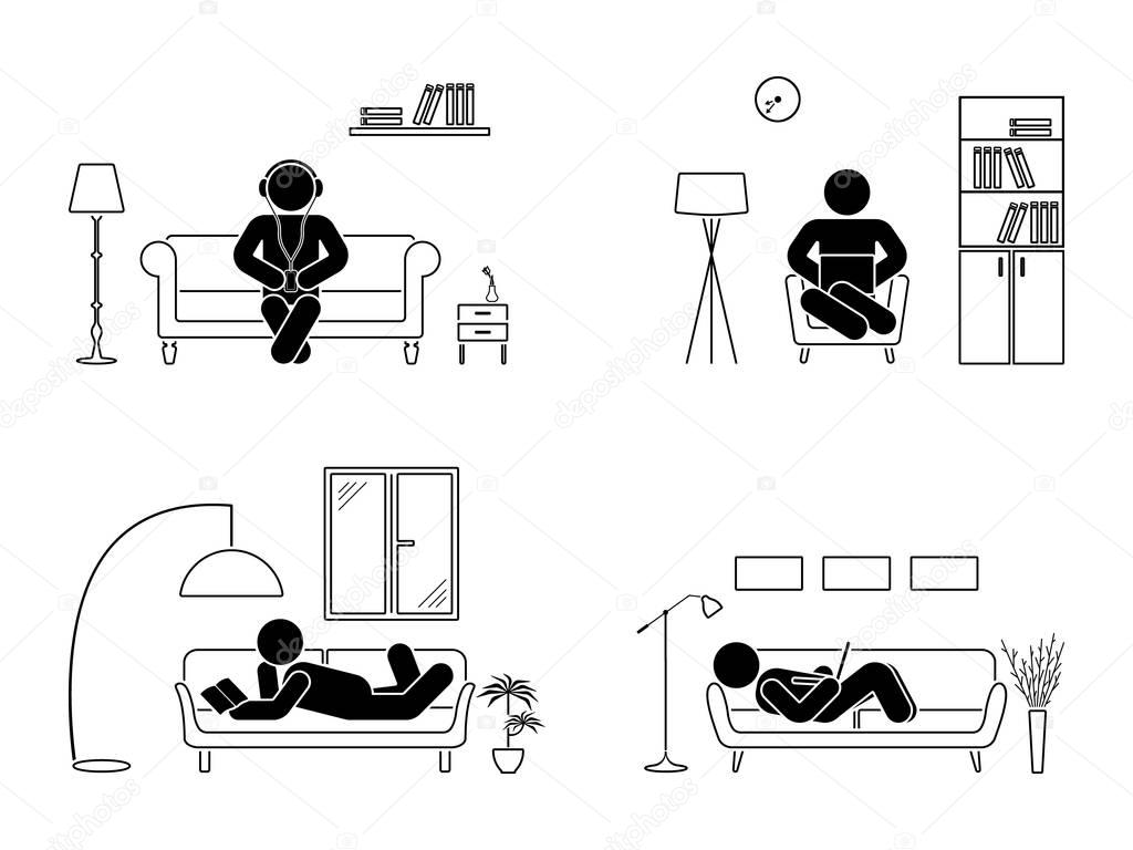 Stick figure resting at home position set. Sitting, lying, reading book, listening to music, using laptop vector icon relaxing posture on sofa and armchair. Furniture silhouette pictogram
