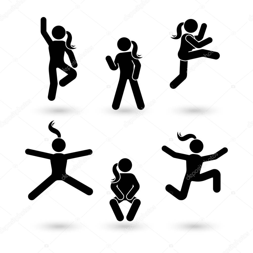 Stick figure happiness, freedom, jumping girl motion set. Vector illustration of celebration woman poses pictogram