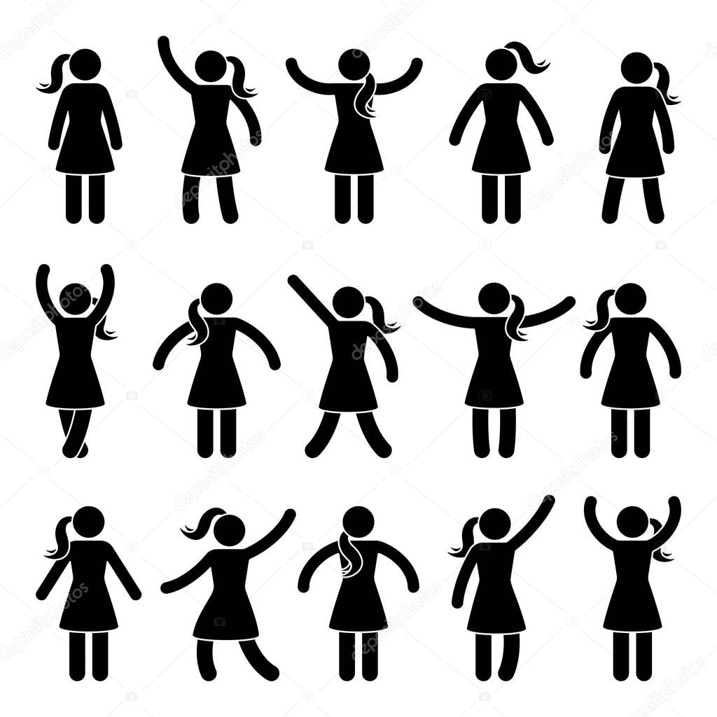 Stick figure standing position. Posing woman person icon posture symbol sign pictogram on white