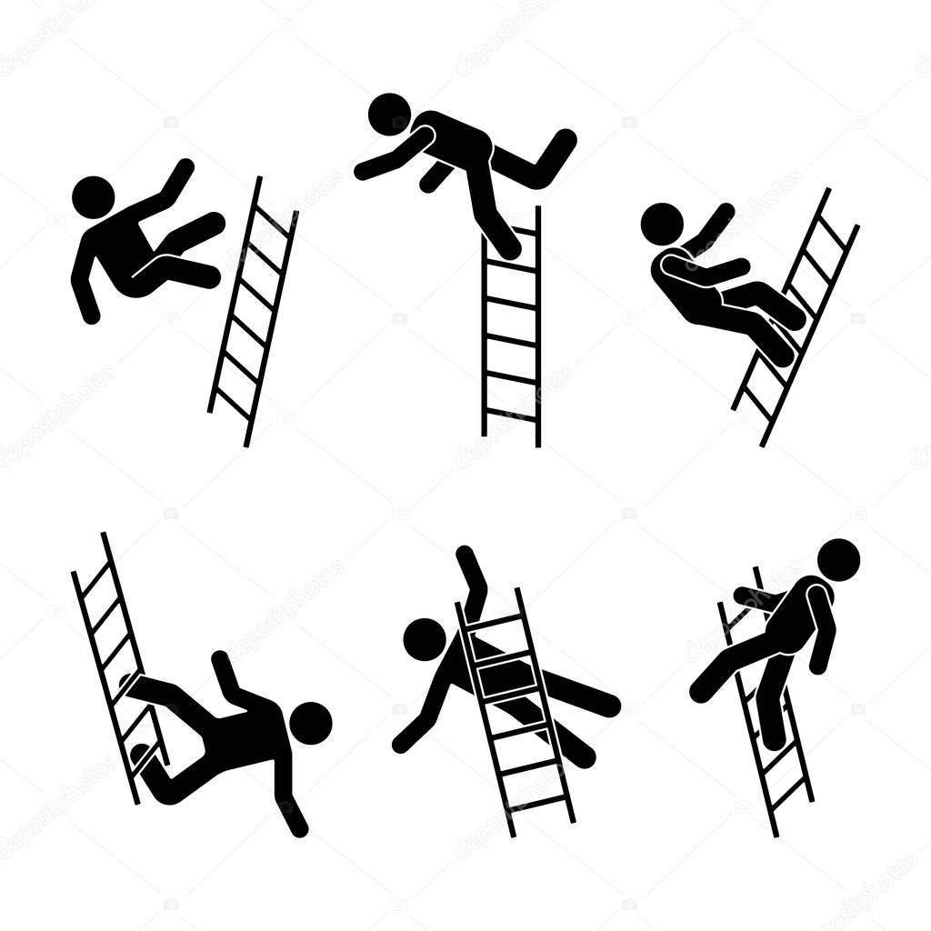 Man falling off a ladder stick figure pictogram. Different positions of flying person icon set symbol posture on white