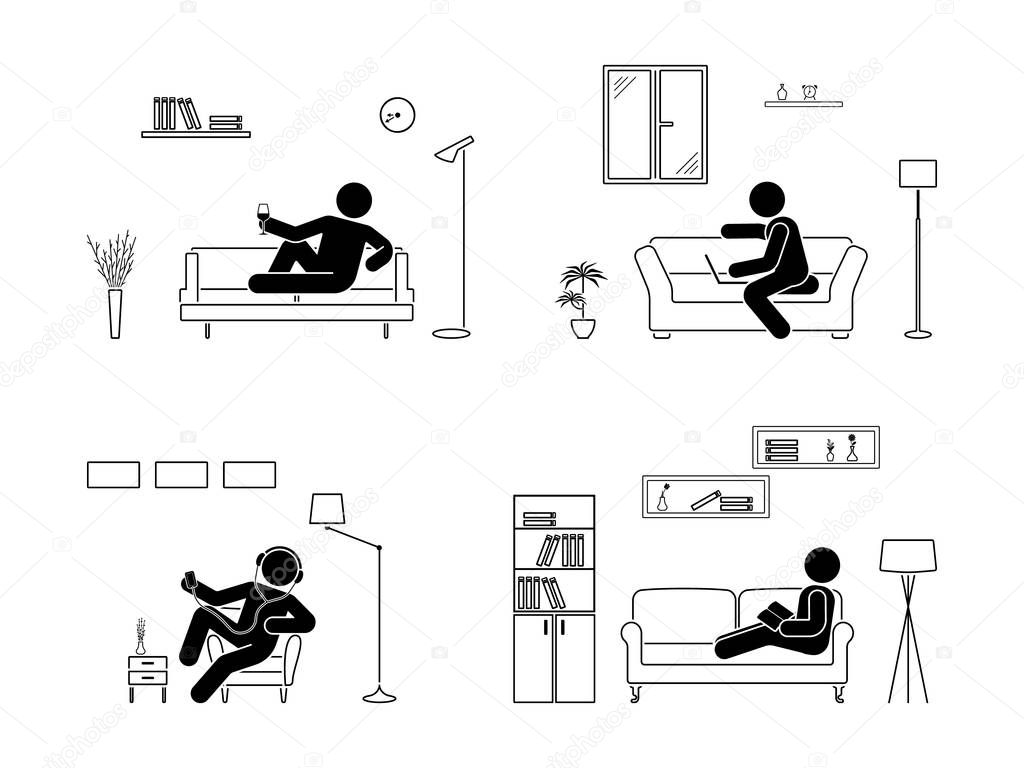 Stick figure resting at home position set. Sitting, lying, reading book, listening to music, using laptop, drinking wine vector icon relaxing posture on sofa and armchair