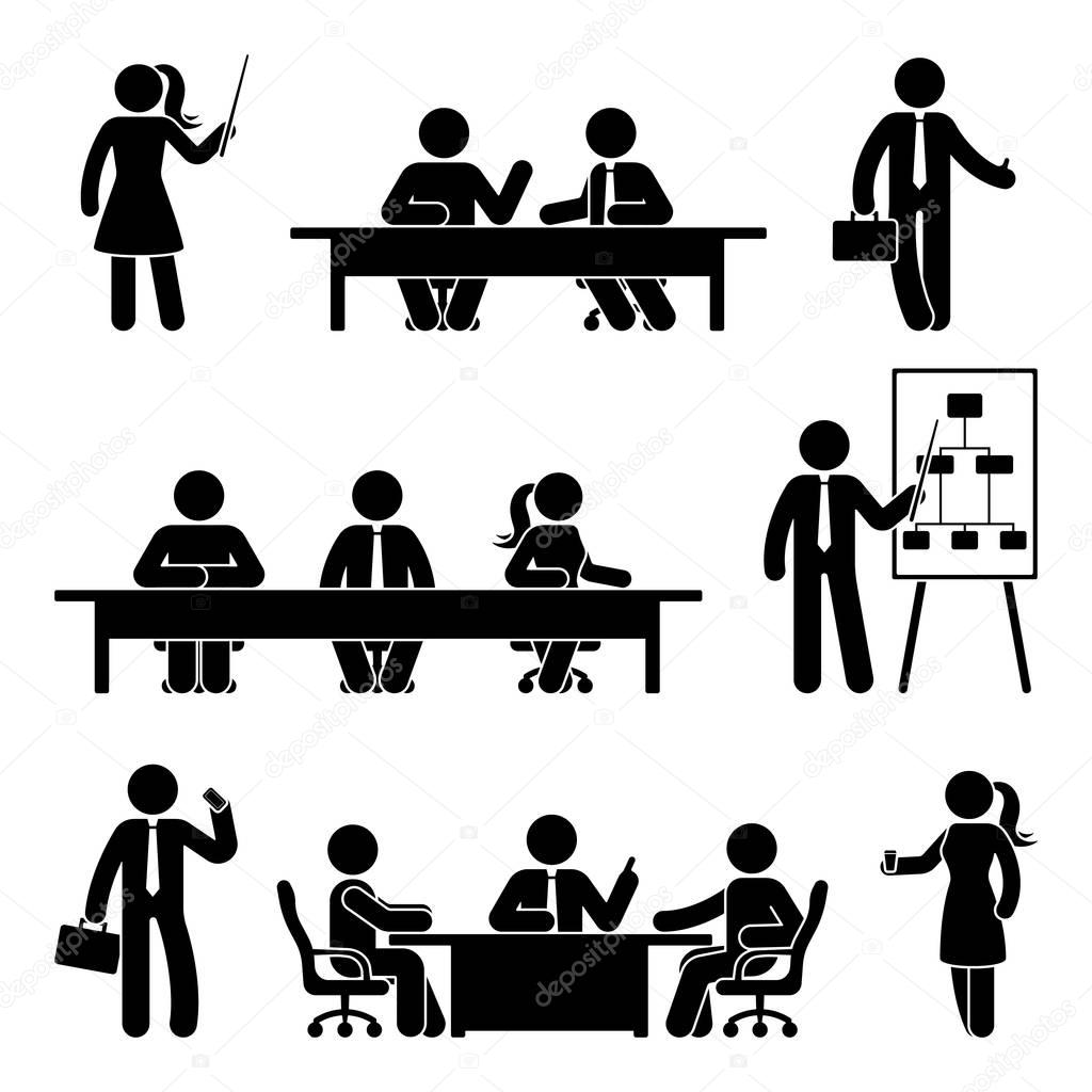 Stick figure business meeting icon set. Vector illustration of finance conversation on whit