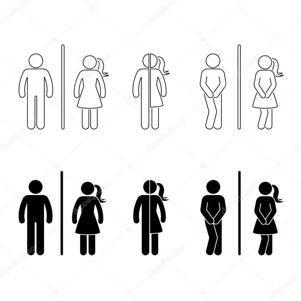 Toilet male and female icon. Stick figure vector funny wc, restroom set on white