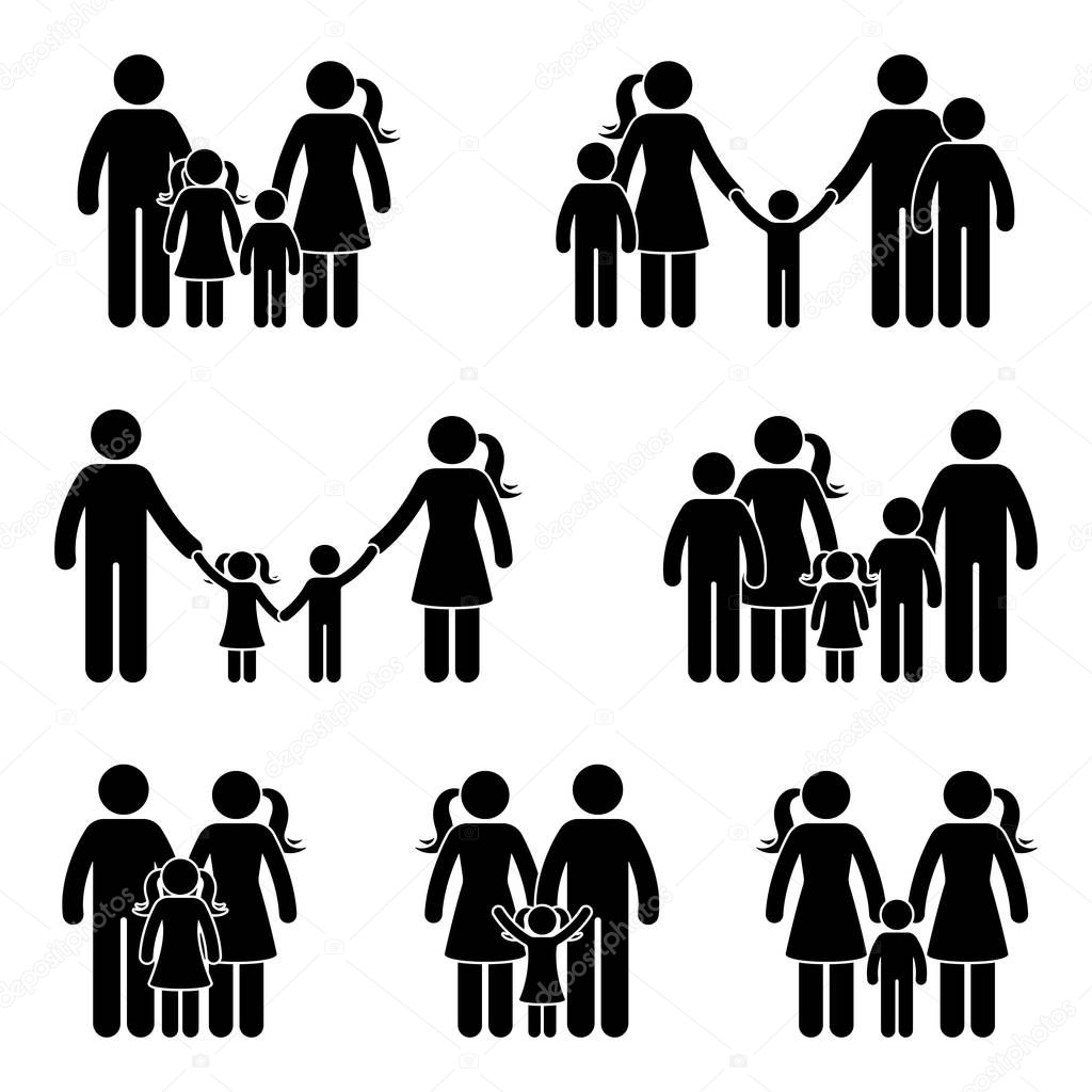 Stick figure family icon set. Vector illustration of people in different age on whit