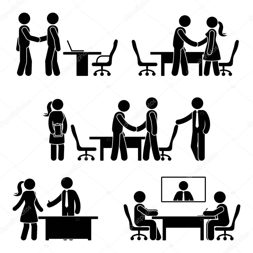 Stick figure negotiation icon set. Vector illustration of hands shaking meeting pictogram on white