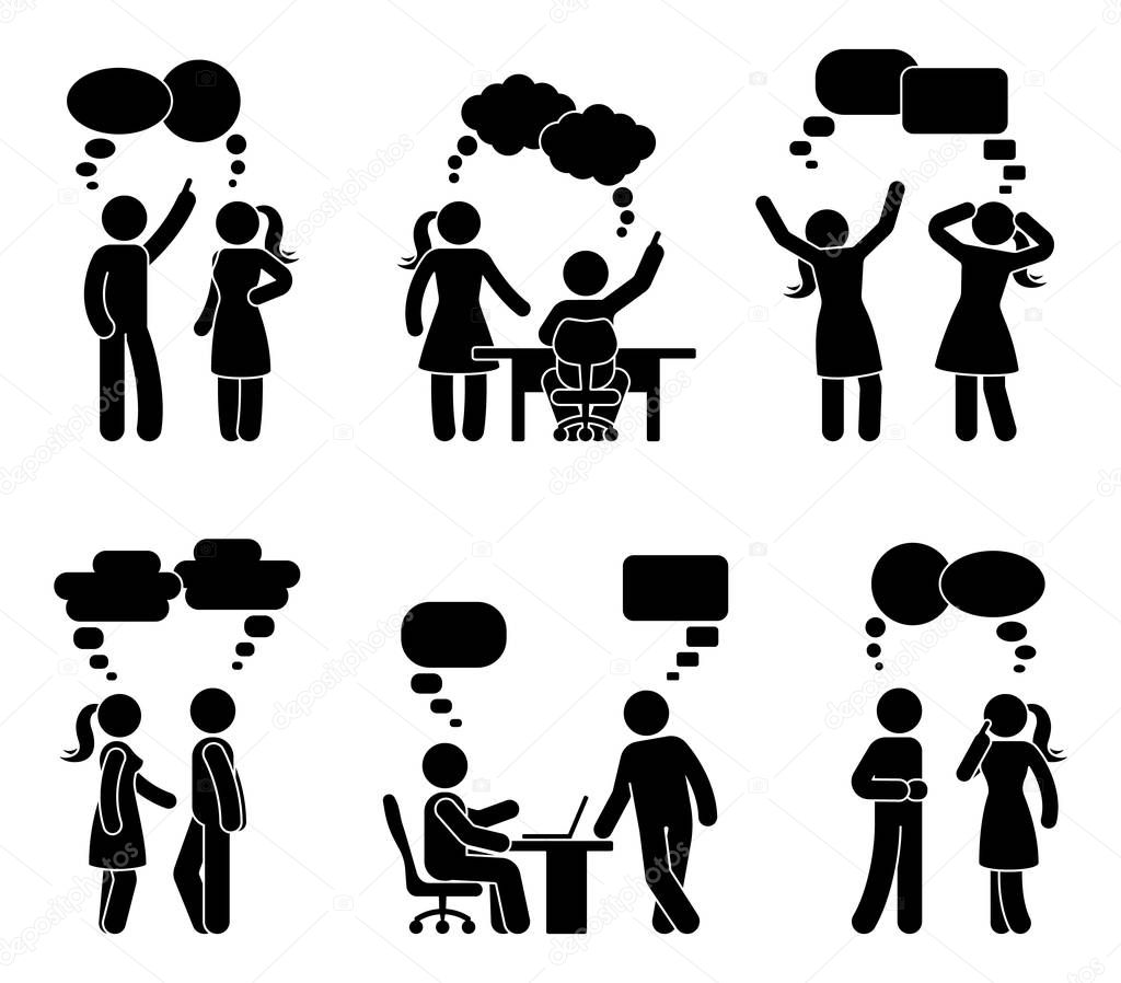 Stick figure workplace couple dialog bubbles set. Vector illustration of employee conversation on whit