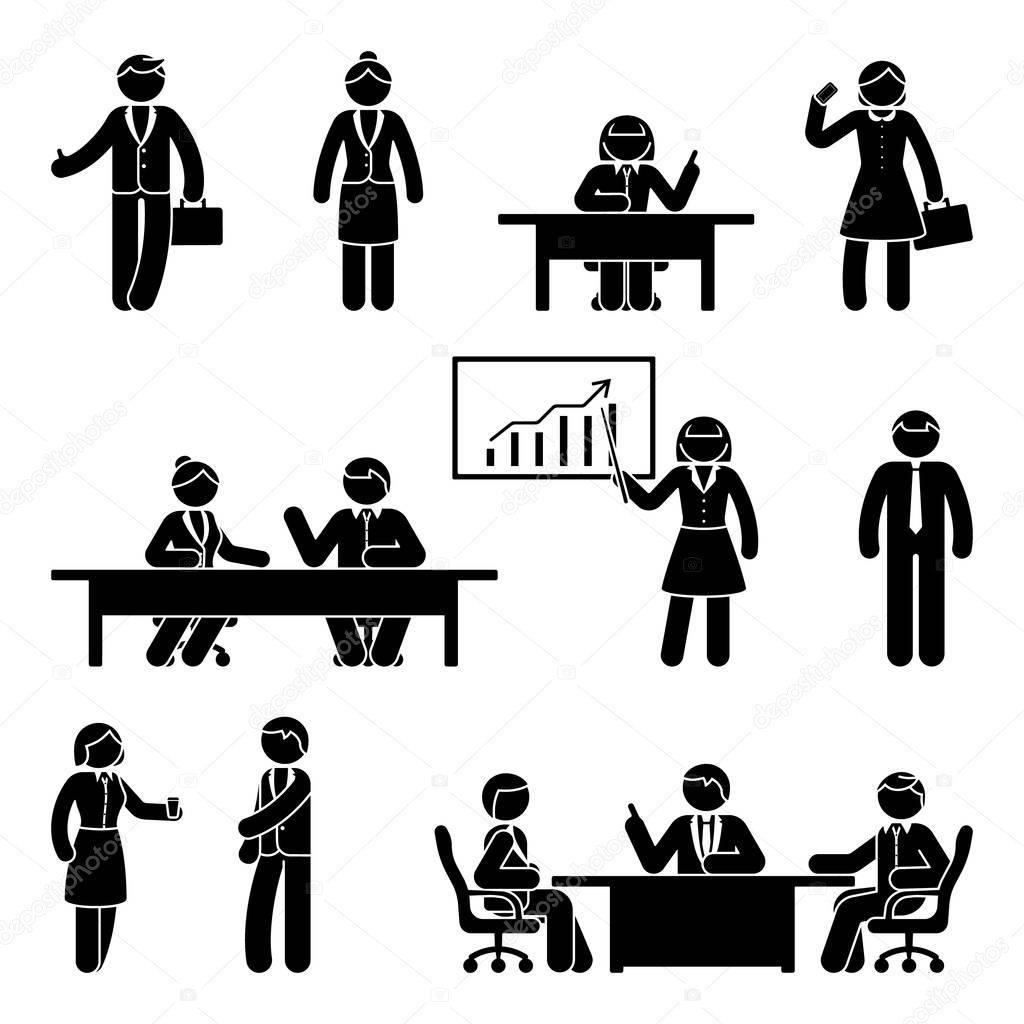 Stick figure business report icon set. Vector illustration of workplace on white