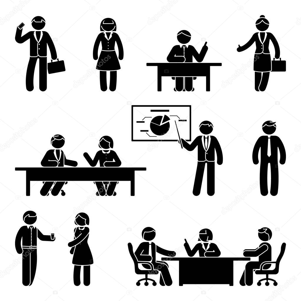 Stick figure business communication icon set. Vector illustration of presentation, negotiation, discussion on whit