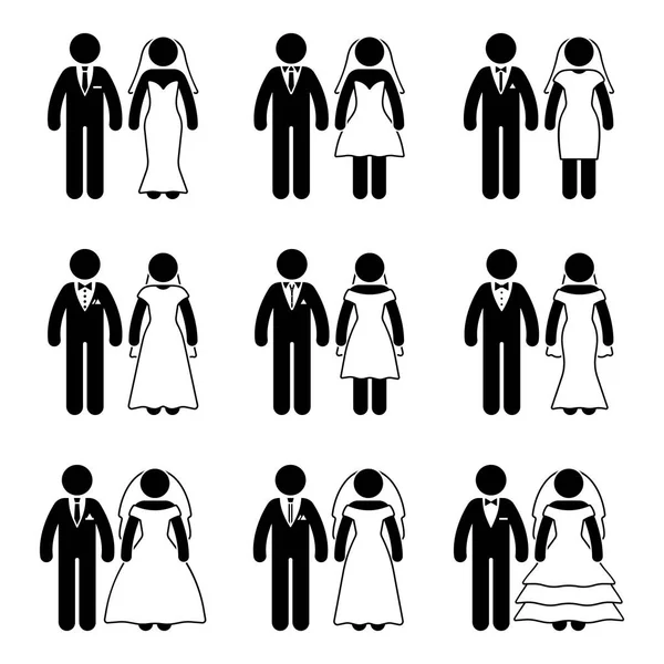 ちょうど結婚スティック図の新郎と新婦のセットです 白の幸せな新婚夫婦のベクトル イラスト — ストックベクタ