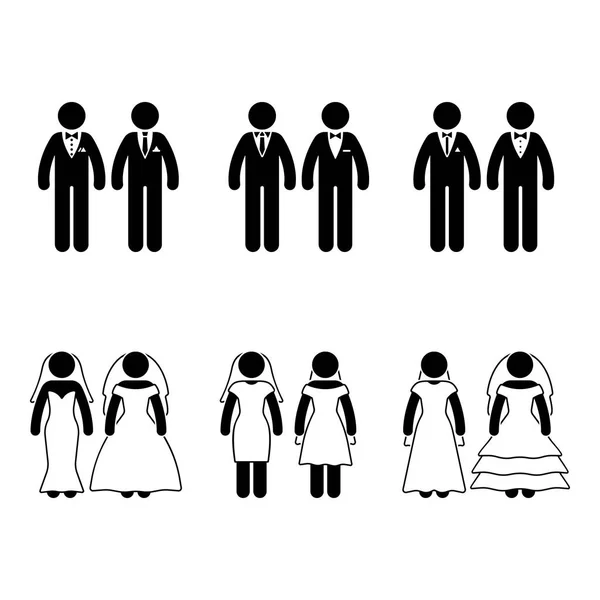 Stick Figure Same Sex Marriage Set Vector Illustration Happy Newlyweds — Stock Vector