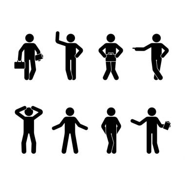 Sopa rakam erkekler farklı konumları ayarlayın. Beyaz ayakta iş kişi vektör çizim