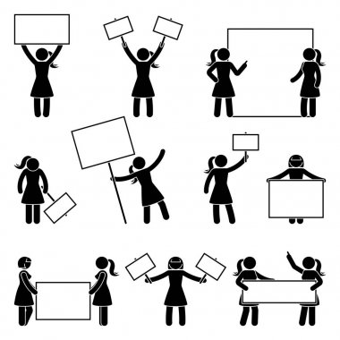 Stick figure woman join protest set. Vector illustration of girls holding banner on white clipart