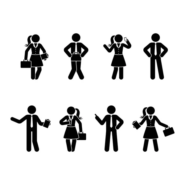 スティック図オフィスの男性と女性のセット 白のビジネス人々 のベクトル イラスト — ストックベクタ