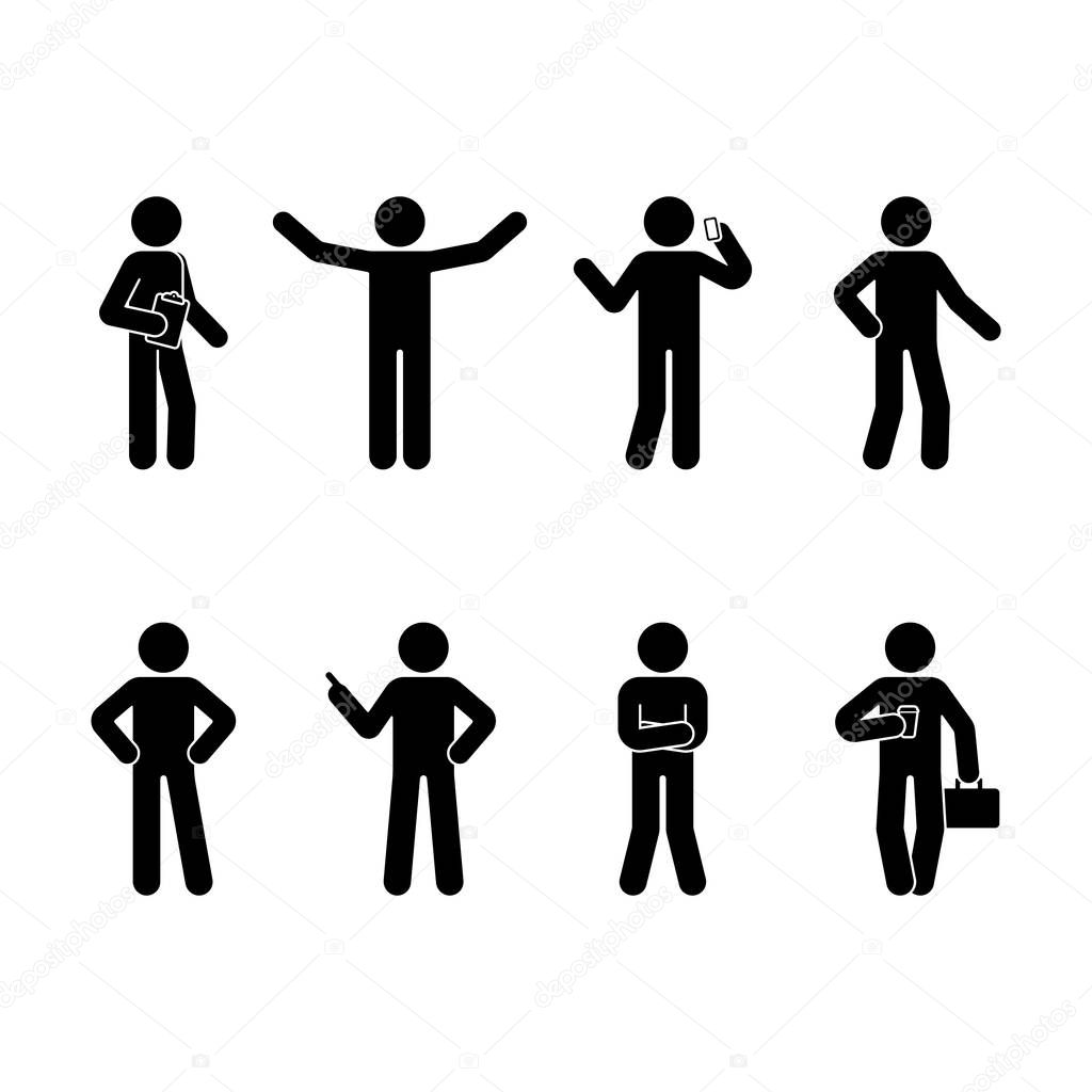 Stick figure business man standing set. Vector illustration of different human poses on white