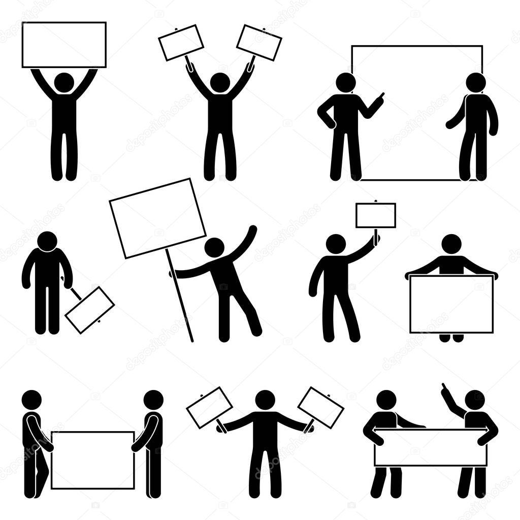 Stick figure join protest set. Vector illustration of people holding banner on white