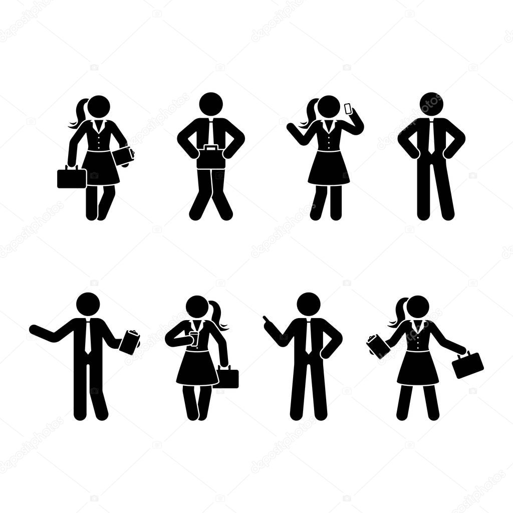 Stick figure office men and women set. Vector illustration of business people on white