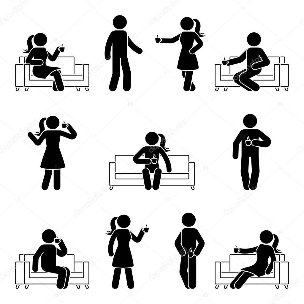 Stick figure man and woman drinking coffee set. Vector illustration of resting people on sofa 
