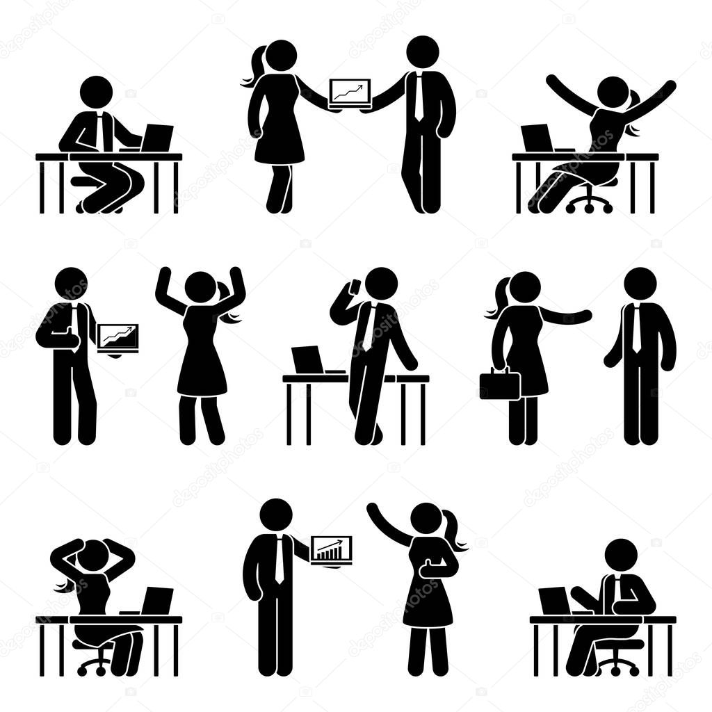 Stick figure business people icon set. Vector illustration of men and women at workplace isolated on white