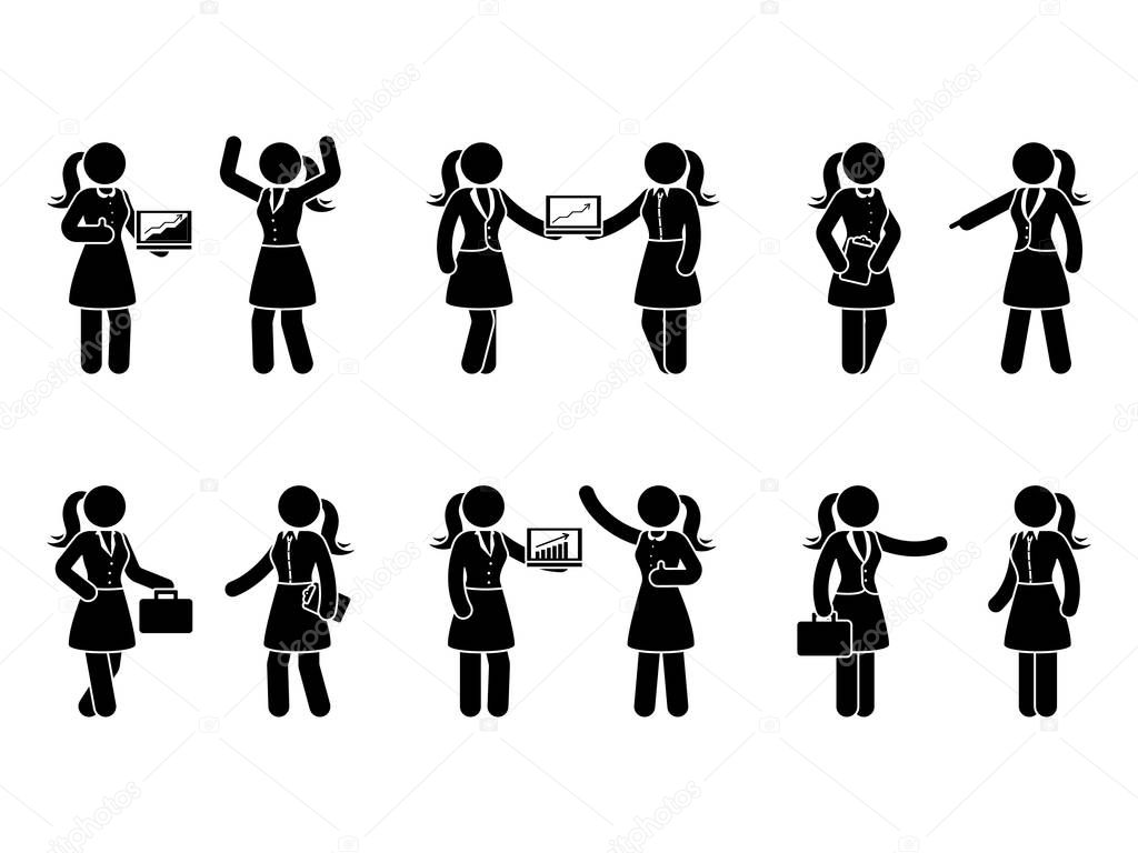 Stick figure business woman cooperation icon set. Vector illustration of female at work isolated on white