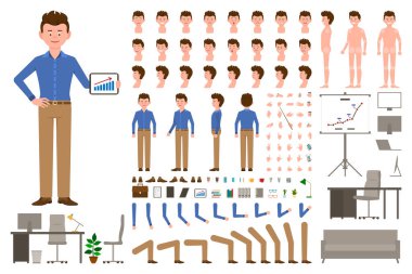 Koyu kahverengi saçlı ofis çalışanı çizgi film karakteri vücut parçaları oluşturma seti. Açık kahverengi pantolonlu genç adam beyaz arka planda tablet vektör çizimleriyle ayakta duruyor.