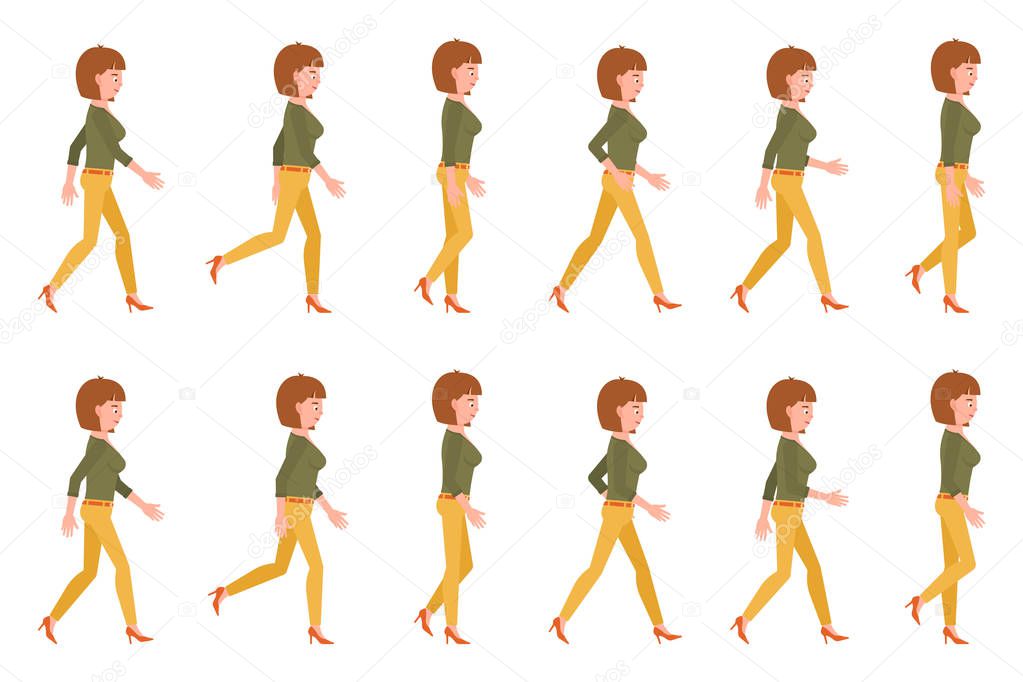 Young adult woman in yellow pants walking sequence poses vector illustration. Moving forward going girl cartoon character set on white background