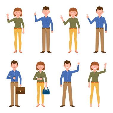 Mavi tişörtlü mutlu adam ve sarı pantolonlu kadın vektör çizimi. İşaret eden, el sallayan, kahveyle önde duran, zafer işareti yapan erkek ve kız çizgi film karakteri beyaz arka planda.