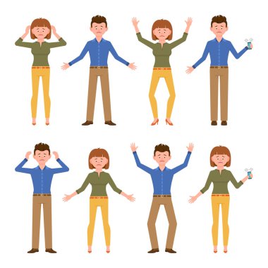 Üzgün, bitkin, zavallı ofis çalışanı ve bayan vektör çizimi. Mutsuz, depresif bir adam ve kadın çizgi film karakteri olarak beyaz üzerine kurulmuş.