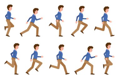 Young adult man in light brown pants running sequence poses vector illustration. Fast moving forward office cartoon character set on white background clipart