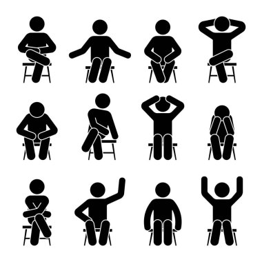 Sandalye çubuğu figüründe oturan adam farklı poz verir. Pictogram vektör seti. Çocuk silueti mutlu, rahat, üzgün, yorgun, depresif bir şekilde beyaz arka planda oturuyordu.