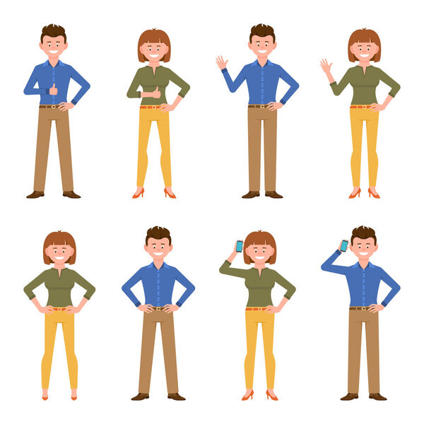 Счастливый, улыбчивый, взрослый офисный парень в голубой рубашке и зеленой рубашке. Махать пальцами вверх, здороваться, говорить по телефону мальчик и девочка мультфильм персонаж установлен на белом
