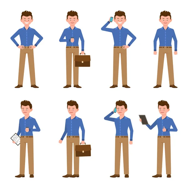 Young Happy Confident Blue Shirt Man Vector Illustration Standing Hands — 스톡 벡터