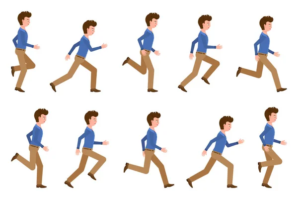 穿着浅褐色长裤连续跑步的年轻成年男子提出了矢量图解 在白色背景下快速向前移动的办公室卡通人物 — 图库矢量图片