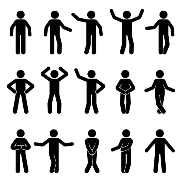 Stick Figure Homme Debout Vue Face Différentes Poses Vectoriel Icône — Image vectorielle