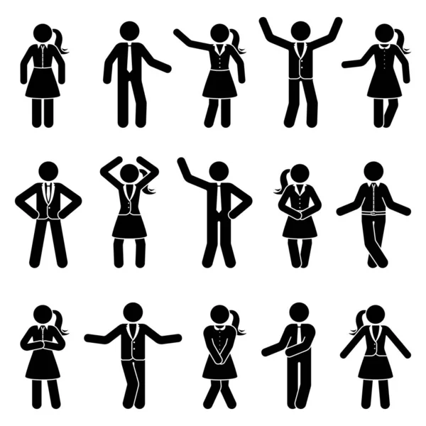 Stick Figure Business Male Female Standing Front View Different Poses — 스톡 벡터