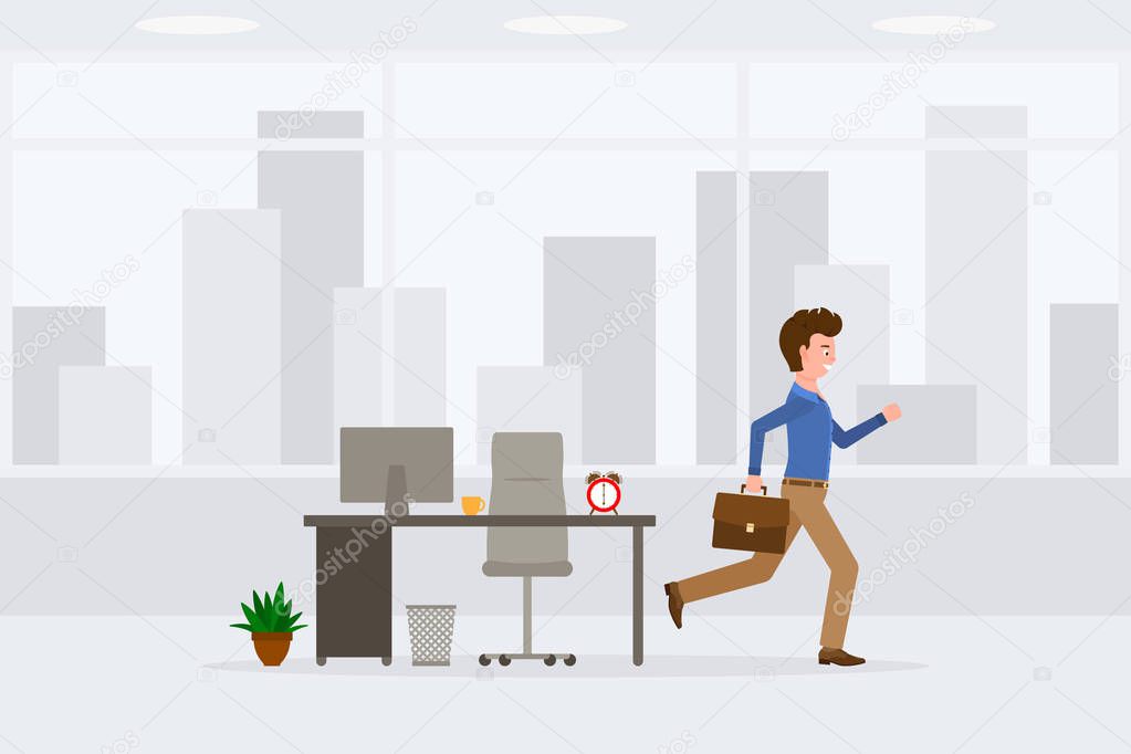 Young adult man in light brown pants running away from office at the end of day vector illustration. Fast moving forward, going home cartoon character on cityscape backgroun