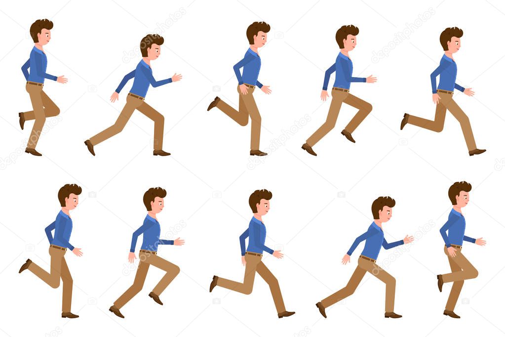 Young adult man in light brown pants running sequence poses vector illustration. Fast moving forward office cartoon character set on white background