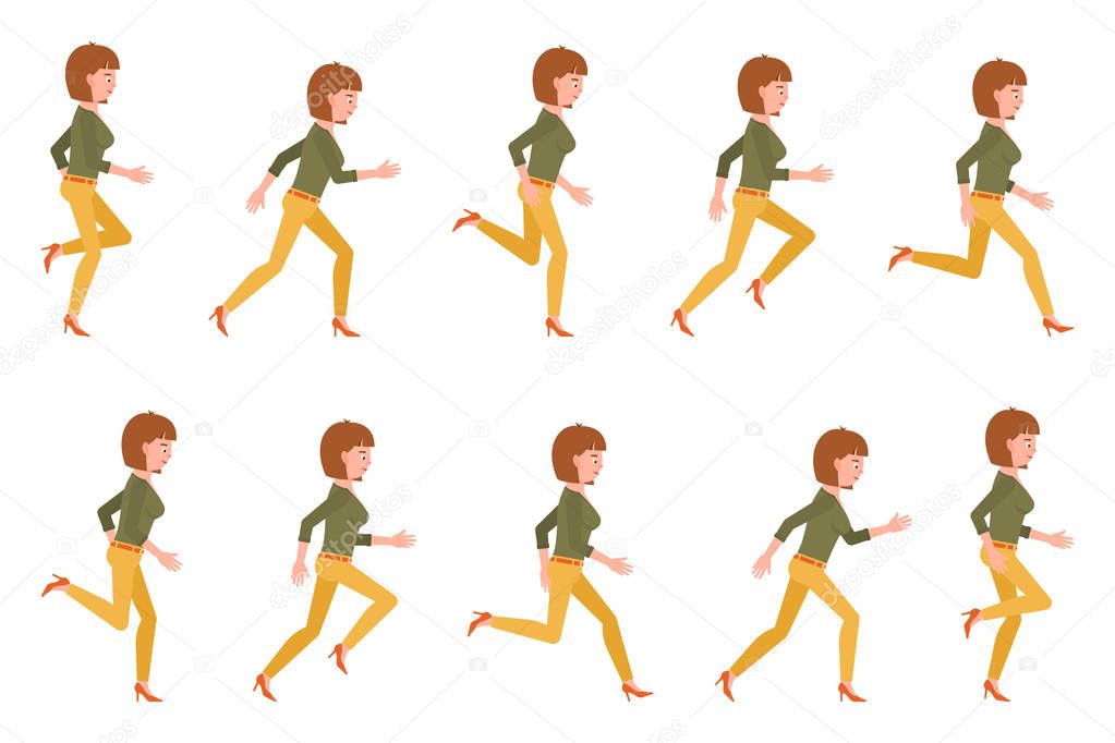 Young adult woman in yellow pants running sequence poses vector illustration. Fast moving forward office cartoon character set on white backgroun