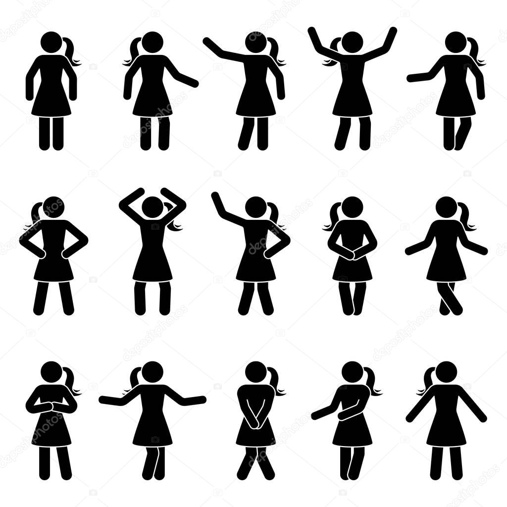 Stick figure woman standing front view different poses vector icon pictogram set. Black and white cut out people human silhouette on white background