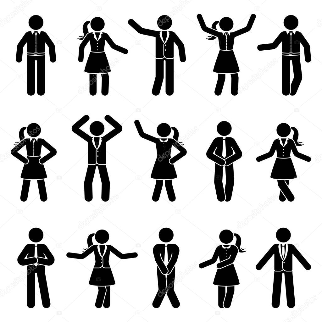 Stick figure business man and woman standing front view different poses vector icon pictogram set. Black and white cut out office people human silhouette on white background
