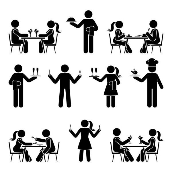 Stick figure man and woman, chief cook, waitress, waiter vector icon pictogram set. Eating, sitting at restaurant, dating, hungry, having dinner stickman silhouette on white