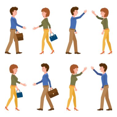 Sevimli bir adam ve bayanın elleri titriyor, beşlik çakıyor, vektör illüstrasyonu yapıyor. Toplantıda yan görünüşlü erkek ve kadın, müzakere, beyaz arka planda başarılı takım çalışması çizgi film karakteri