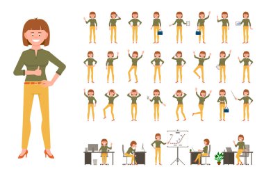 Çizgi film karakteri ofis kadın vektör çizimi. Düz stil tasarım mutlu işçi kadın pozu beyaz arka planda
