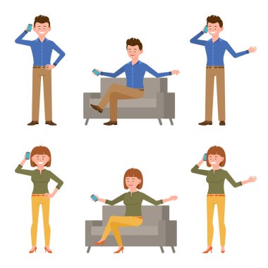 Genç, sevimli, komik erkek ve kadın vektör çizimi. Telefonda konuşmak, akıllı telefon, arama, konuşma, diyalog, kanepede oturan ofis elemanı ve beyaz çizgi film karakteri seti.