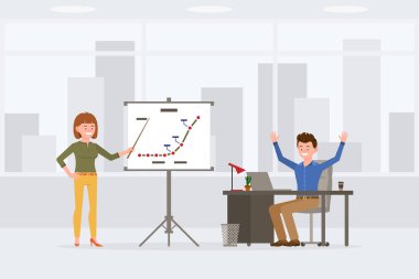 Genç, memnun ofis çocuğu ve kız vektör çizimi. Raporda işaretçiyle birlikte duruyor, masasında mutlu bir şekilde oturuyor, elleri havada, neşeli, genç bir oğlan ve kız çizgi film karakteri.