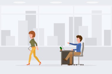 Angry, stressed, desperate, unhappy office man and woman vector illustration. Shouting, pointing finger, scolding, walking away boy and girl cartoon character set on cityscape background vector Angry, stressed, desperate, unhappy office man and woman vector illustration. Shouting, pointing finger, scolding, walking away boy and girl cartoon character set on cityscape background vector