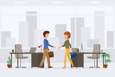 Arkadaş canlısı erkek ve kız el sıkışması randevu yeri vektör çizimi. Ofiste pazarlık yapan iki ortak şehir manzarası üzerine kurulu bir çizgi film karakteri.