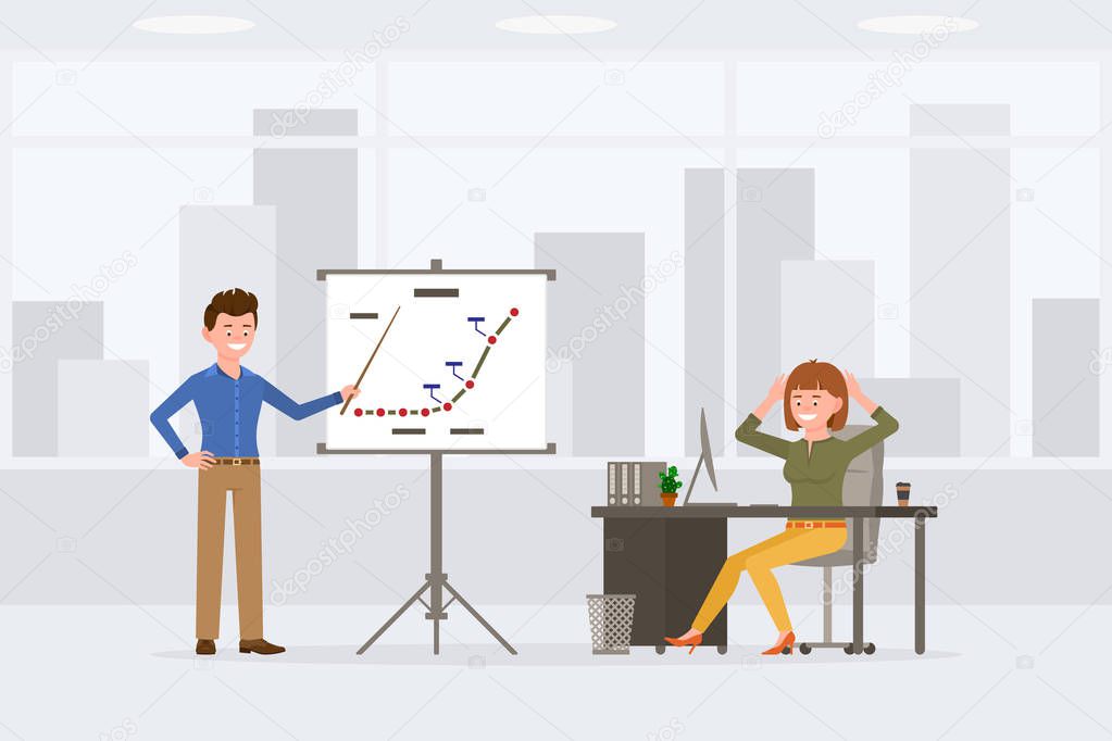 Young, satisfied office man and woman vector illustration. Standing with pointer at presentation report, sitting at desk, relaxed, joyful, laughing boy and girl cartoon character set on cityscape background