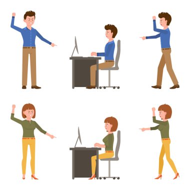 Kızgın, umutsuz, üzgün, üzgün ofis elemanı ve kız vektör çizimi. Bağırıyor, işaret ediyor, azarlıyor, sitem ediyor, beyaz üzerine erkek ve kadın çizgi film karakterlerini suçluyor.