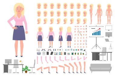 Ofis çalışanı sarışın kız çizgi film karakteri vücut parçaları oluşturma seti. Beyaz üzerinde vektör çizimi yapan genç kadın